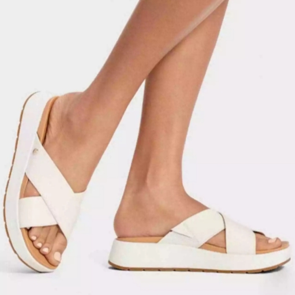 UGG - EMILY White Patent Platform Slide Sandals - 7   (Sold Out)